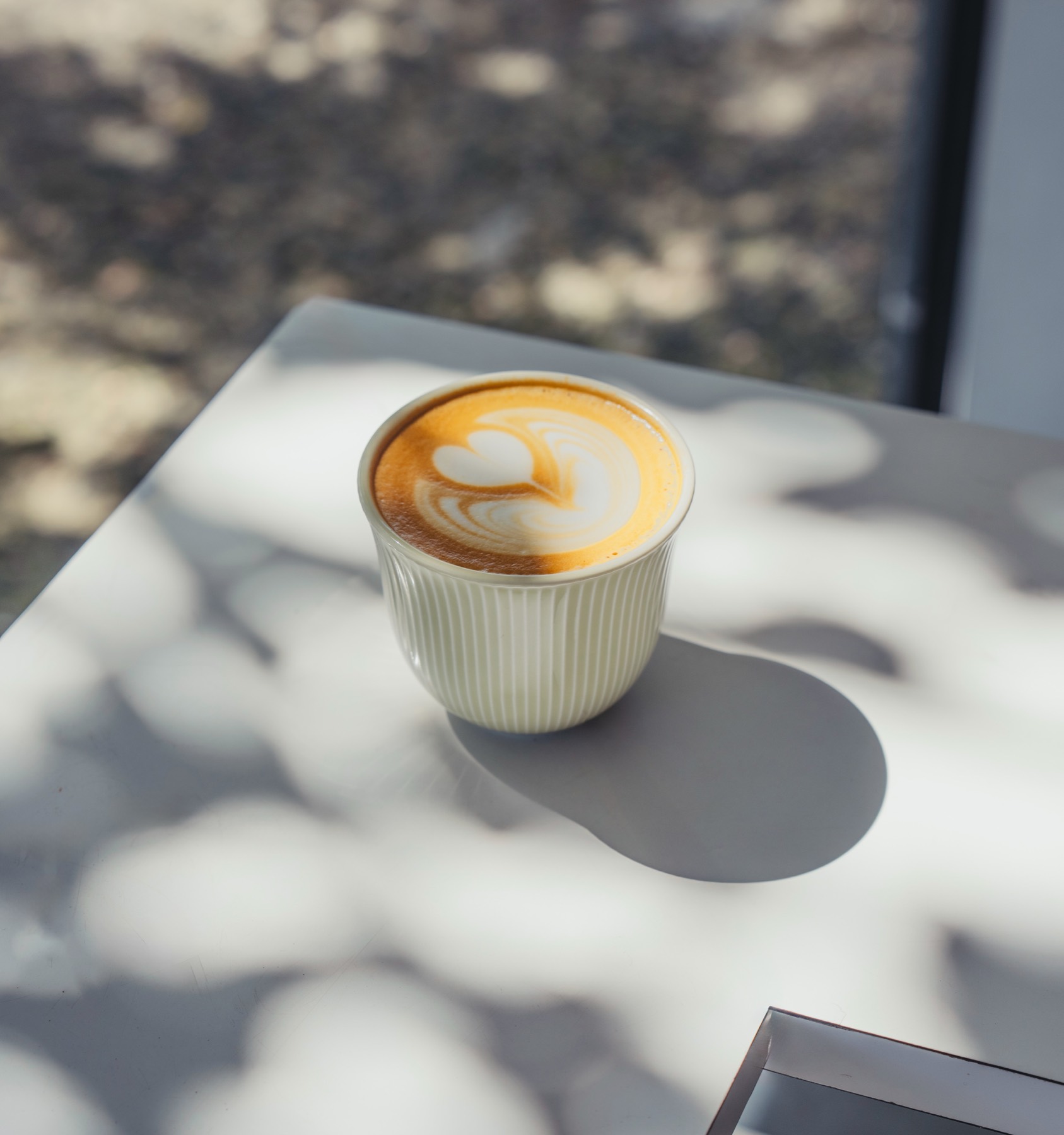 Cappuccino en taza crema con sombras de hojas